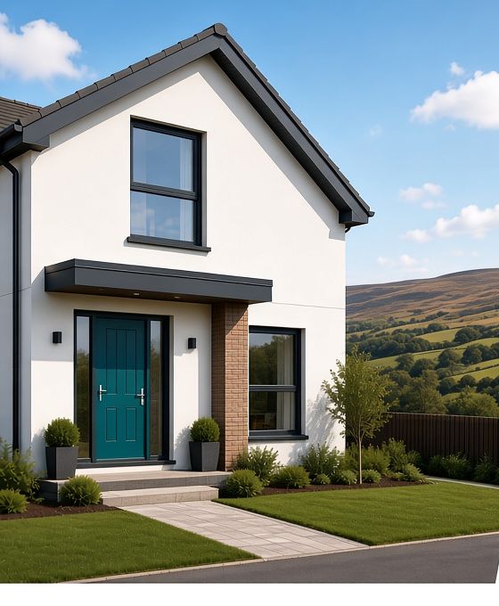 Modern house with a teal composite front door and moorland behind
